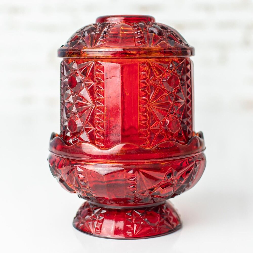 Vintage Indiana Glass Ruby Red Stars And Bars Fairy Lamp 1970's